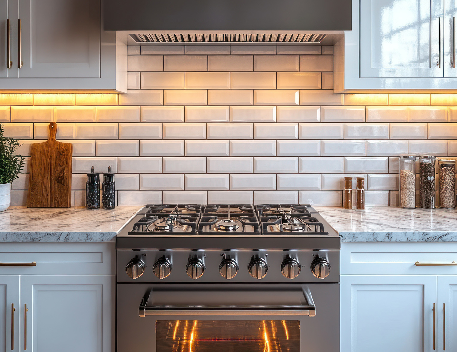 Modern kitchen with white cabinetry, subway tile backsplash, and stainless steel stove